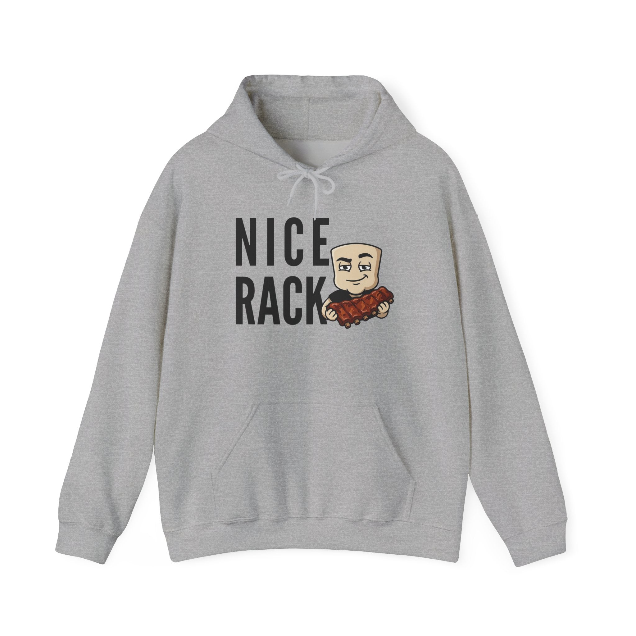Heather gray hoodie with kangaroo pocket, drawstring hood, and bold rib graphic on chest.