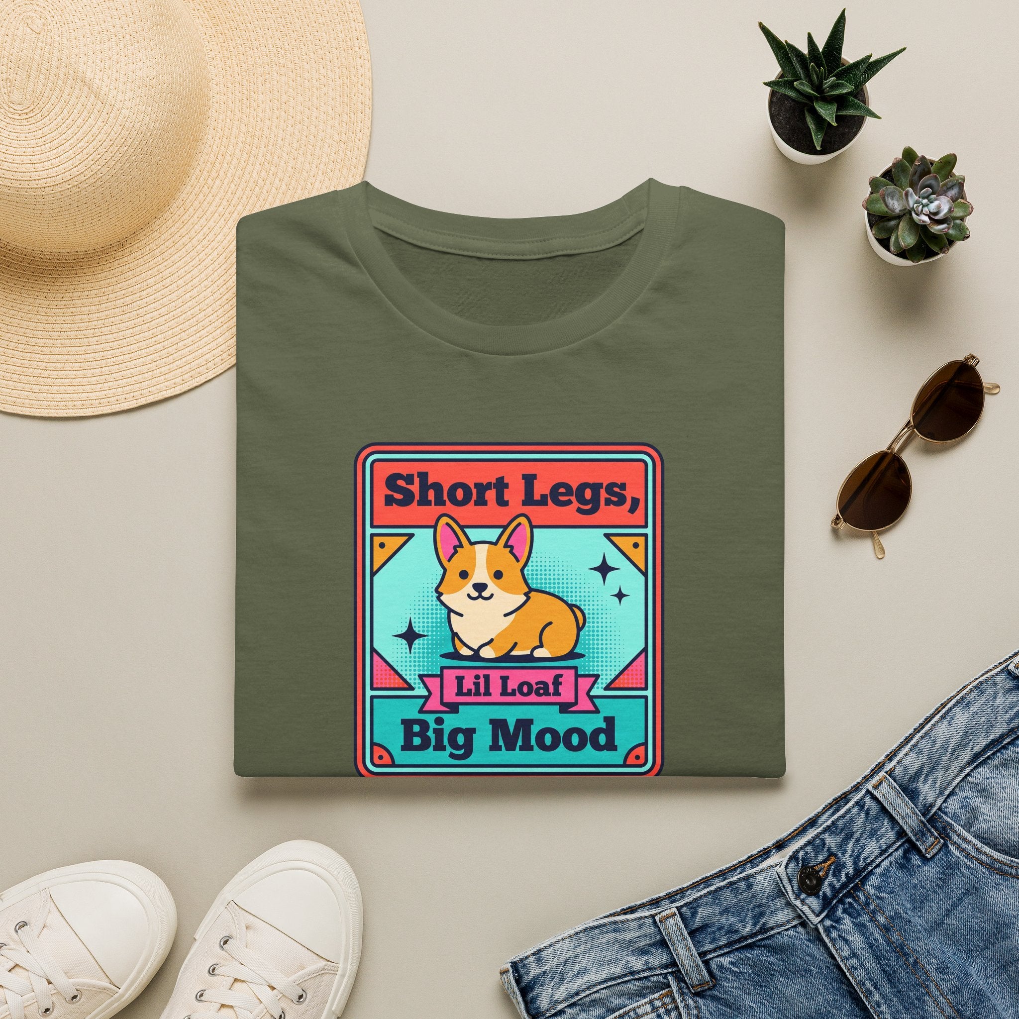 Military green short-sleeve T-shirt with colorful corgi graphic and “Big Mood” print