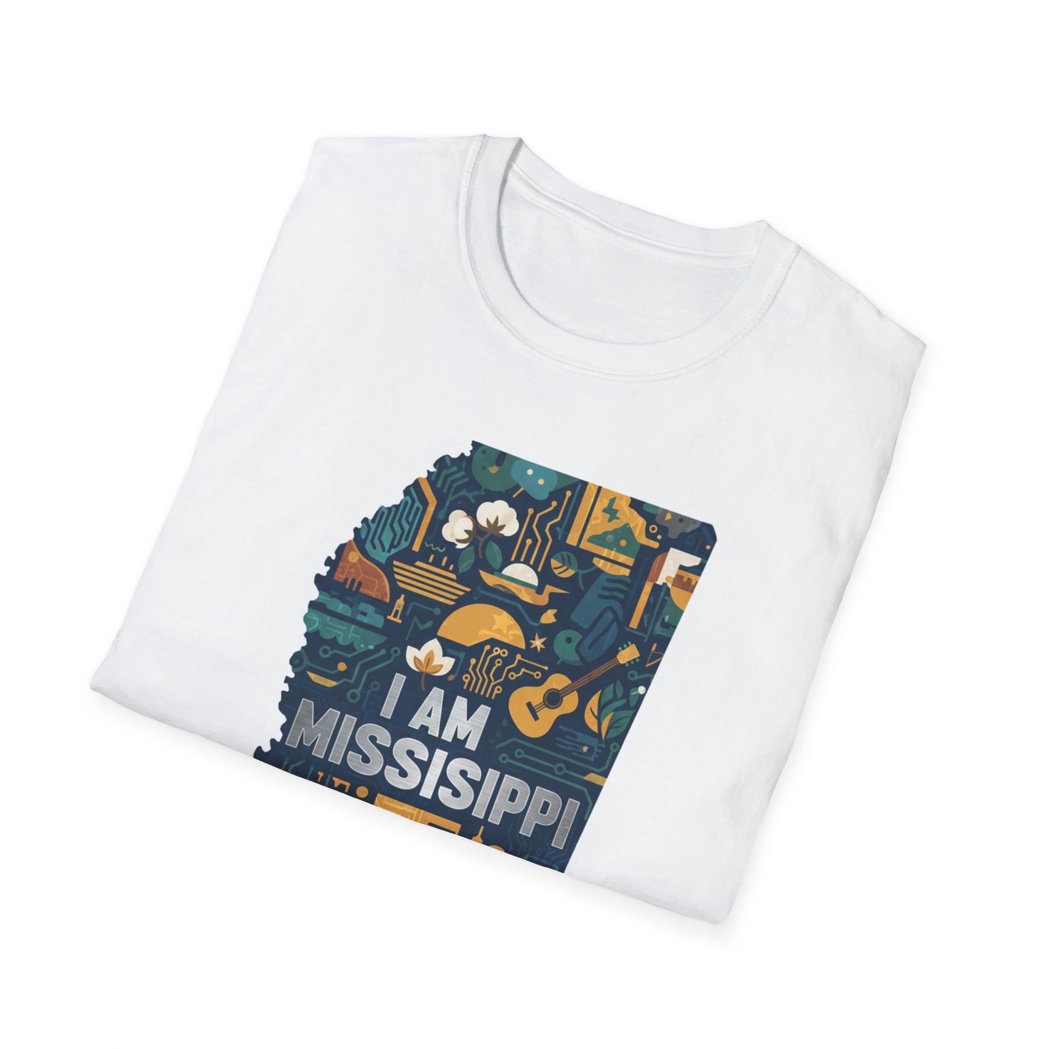 I Am Mississippi T-shirt, White front with state-map illustration and Mississippi text