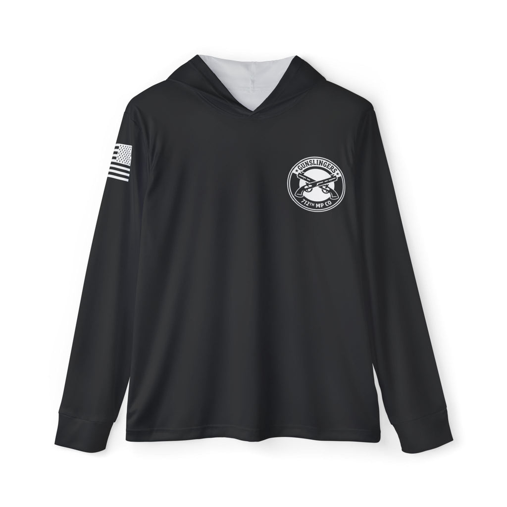 Dark sport hoodie with hood, long sleeves, front emblem logo patch