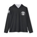 Dark sport hoodie with hood, long sleeves, front emblem logo patch