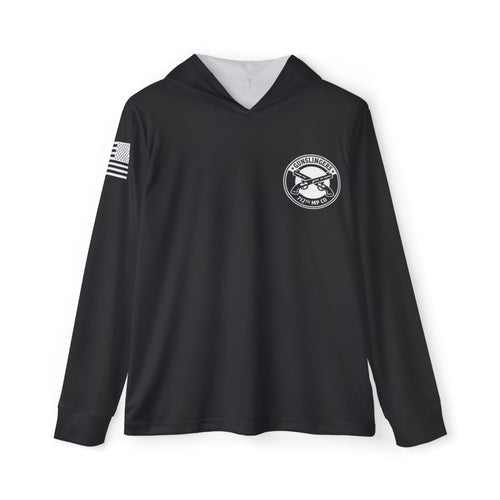 Dark sport hoodie with hood, long sleeves, front emblem logo patch