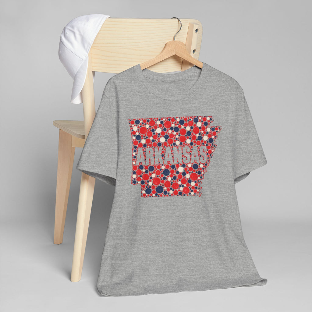 Heather gray crewneck t-shirt with red, blue, white Arkansas graphic on chest