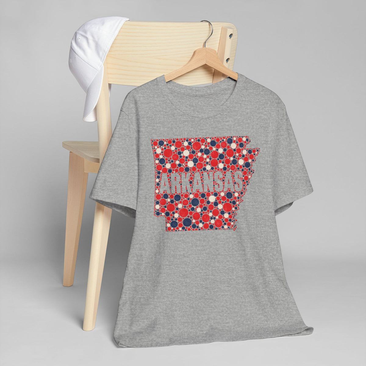 Heather gray crewneck t-shirt with red, blue, white Arkansas graphic on chest