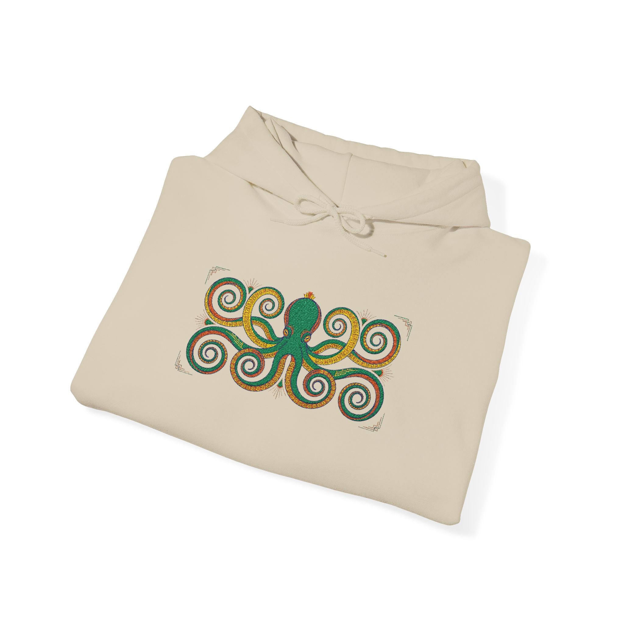 Light tan hoodie with colorful octopus spiral graphic on front, drawstring hood