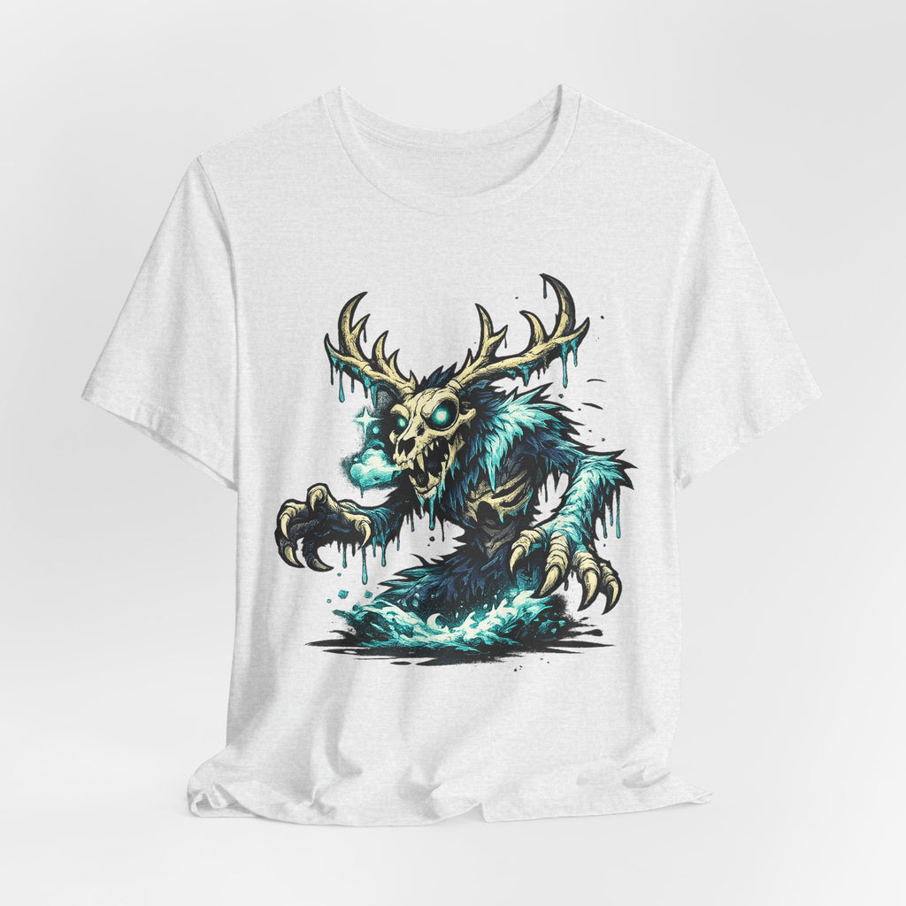 White crew-neck monster T-shirt with teal deer skull creature artwork on front.
