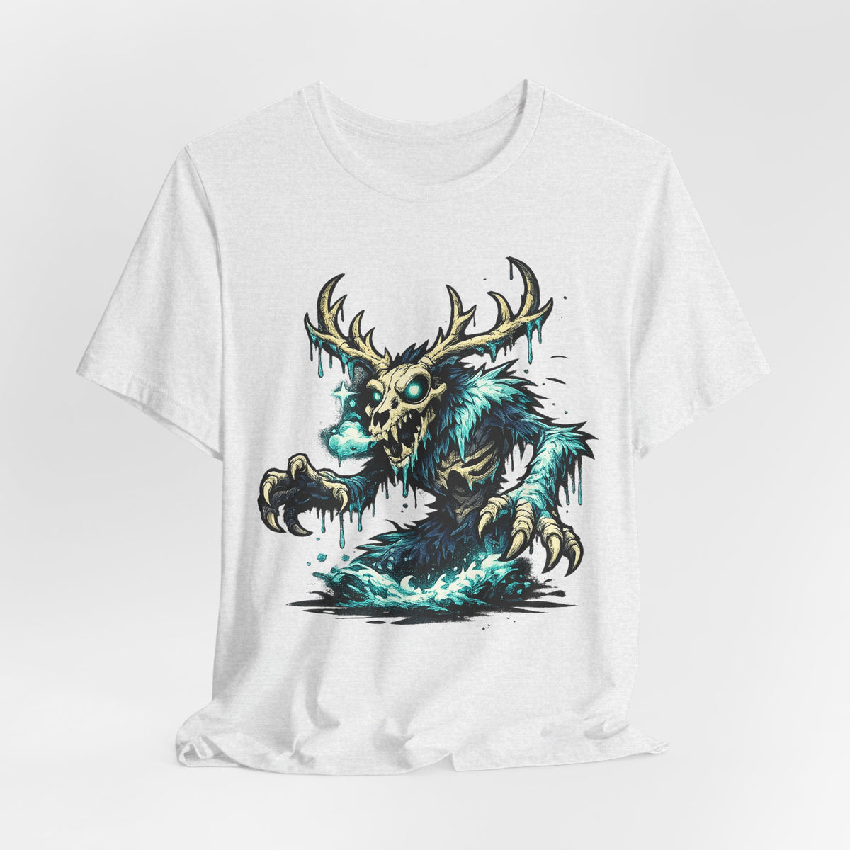 White crew-neck monster T-shirt with teal deer skull creature artwork on front.