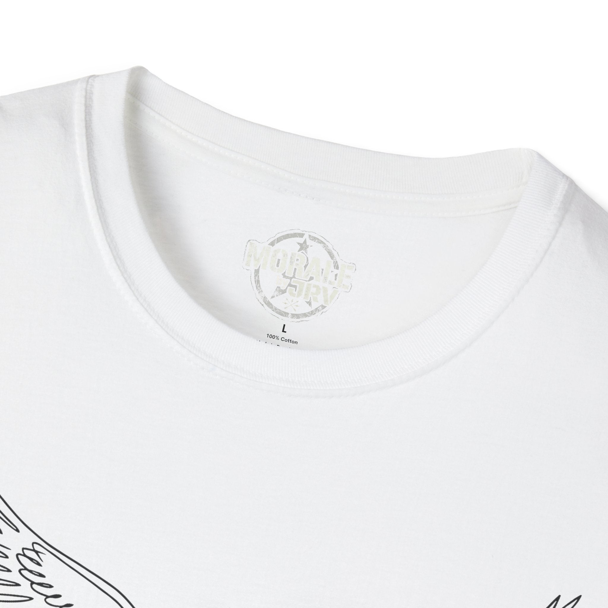 White t-shirt neckline close-up with small circular logo print inside collar.