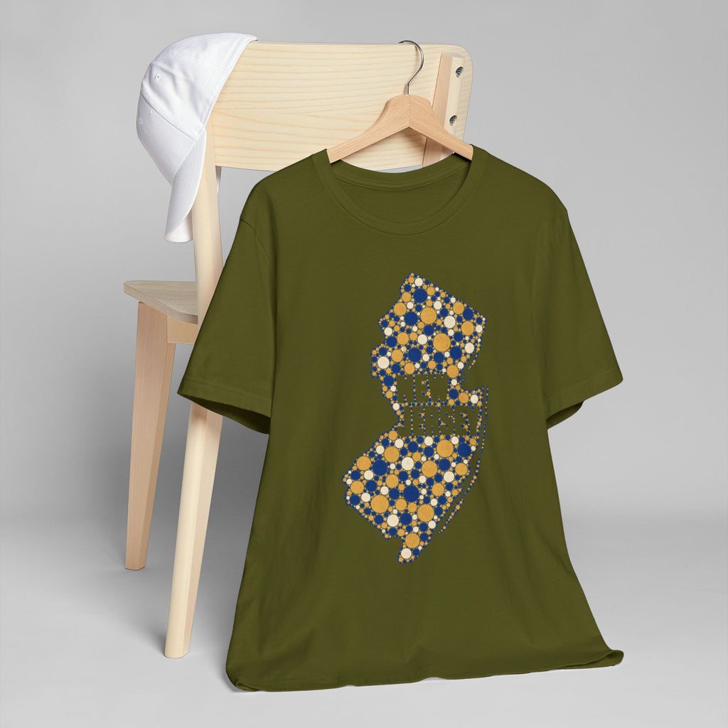 Olive t-shirt with blue and yellow New Jersey floral map graphic
