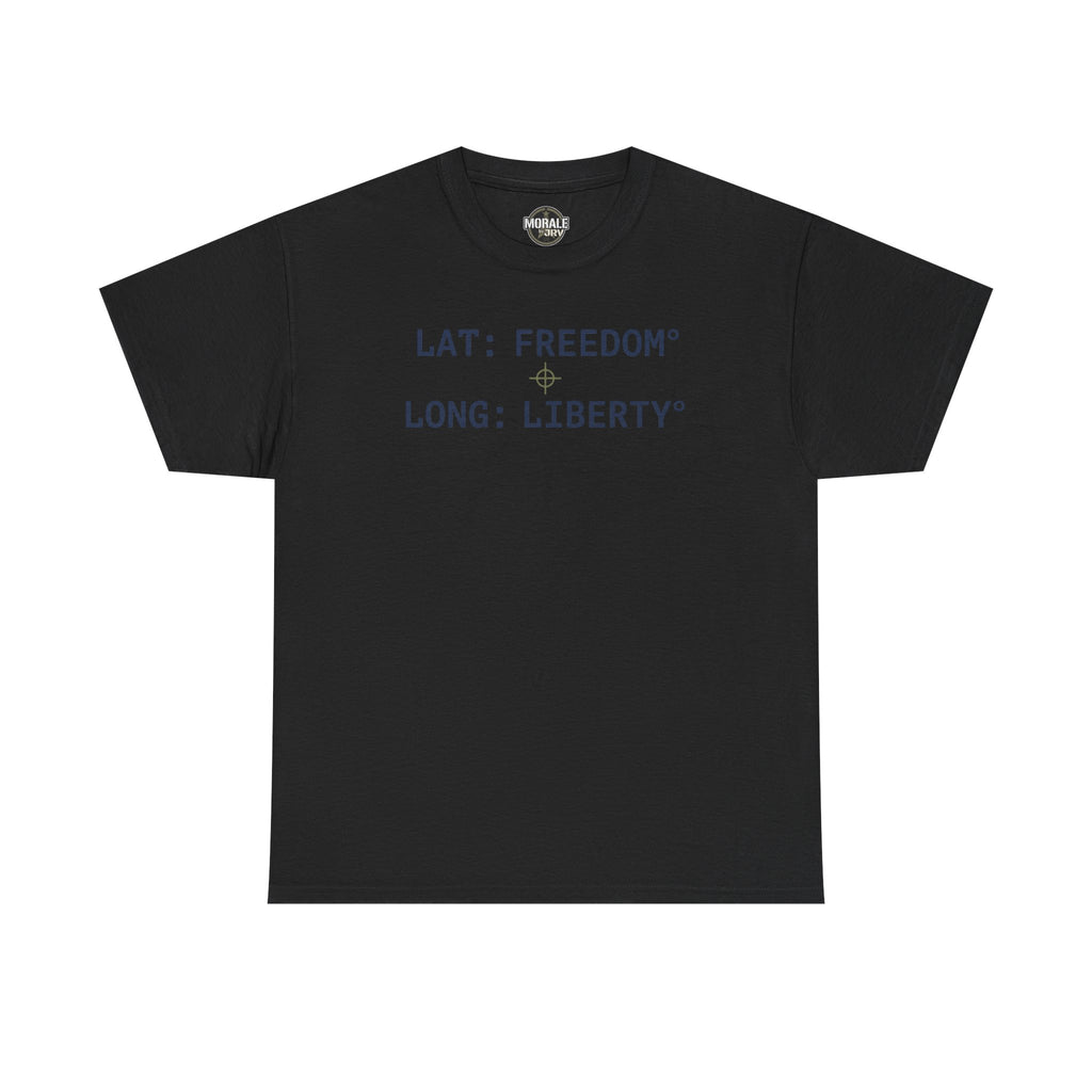 Black T-shirt with "LAT: FREEDOM" and "LONG: LIBERTY" graphic