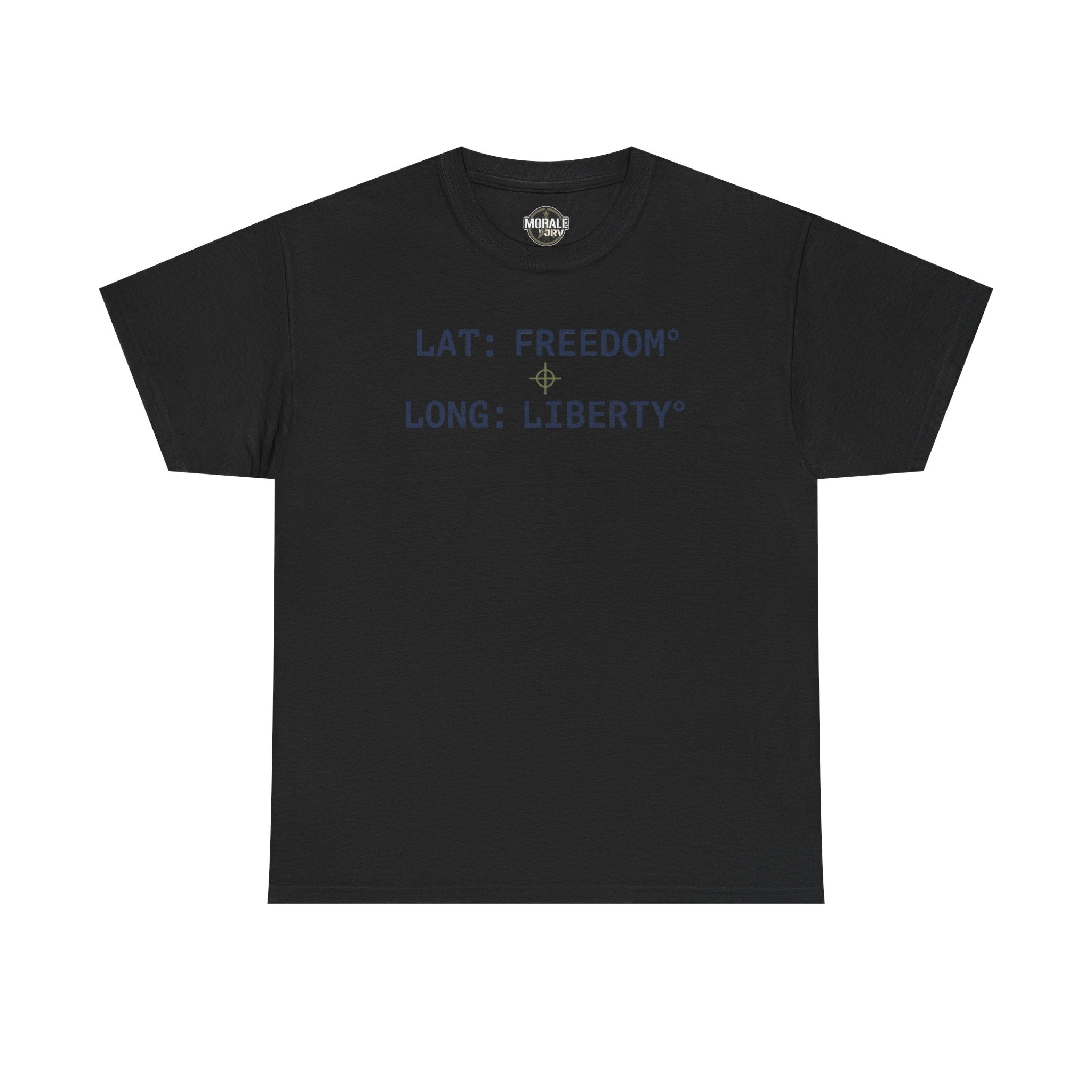 Black T-shirt with "LAT: FREEDOM" and "LONG: LIBERTY" graphic