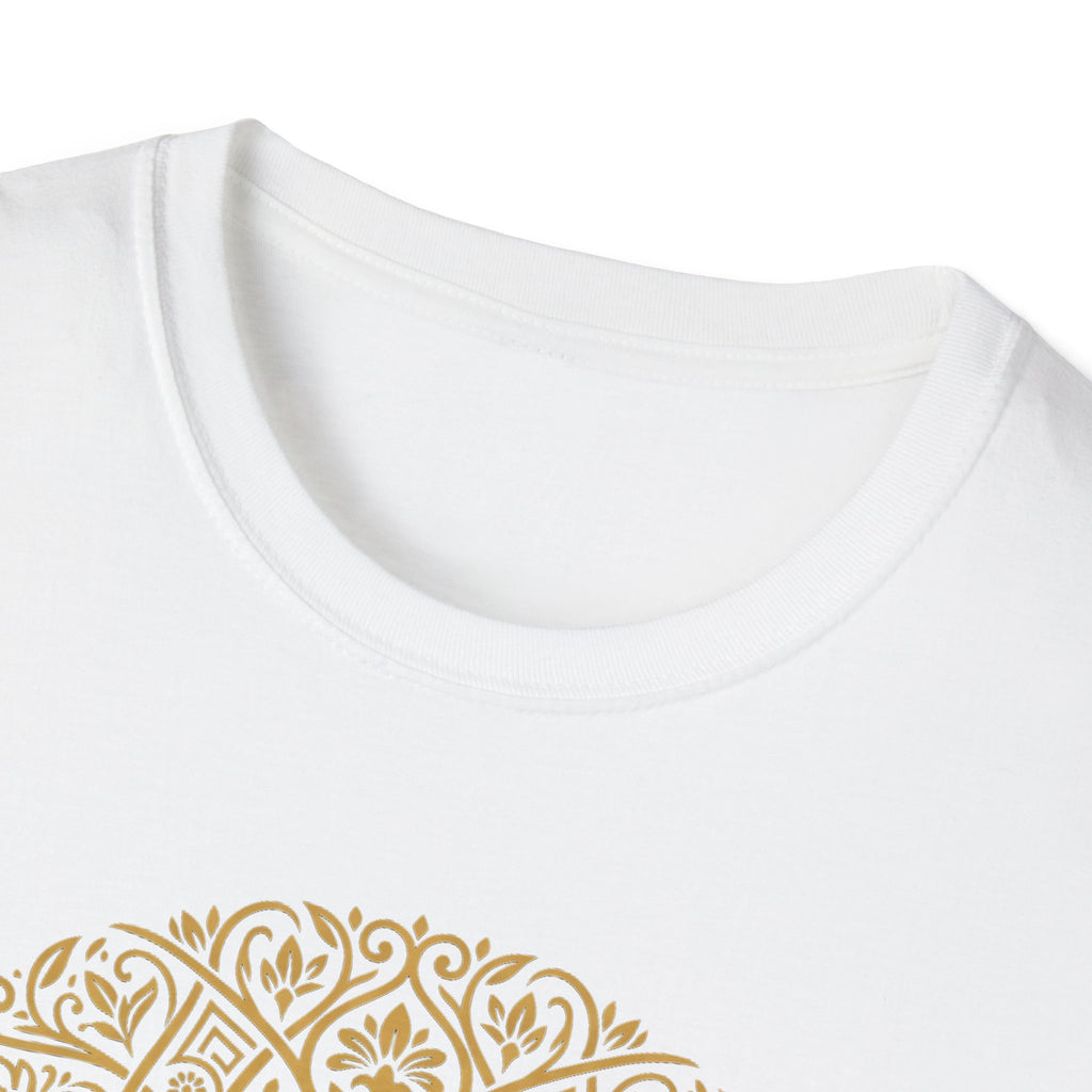 White Gold Tree of Life T-Shirt: crew neck and collar seam detail