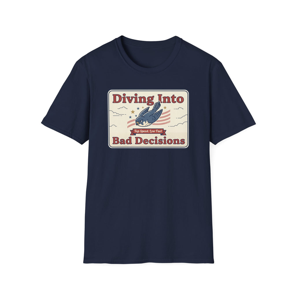 Navy T-shirt with “Diving Into Bad Decisions” retro shark graphic on front