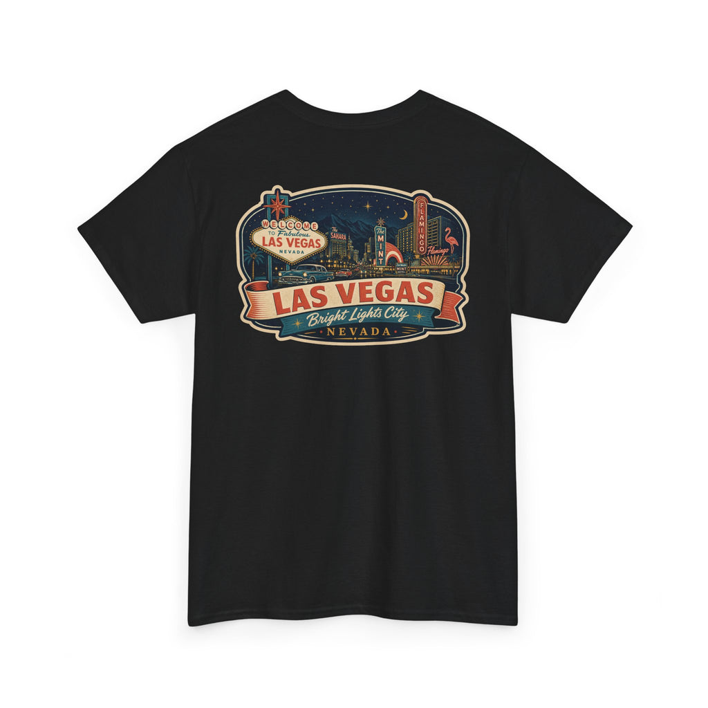 Black T-shirt with Las Vegas luggage tag skyline badge graphic on the chest