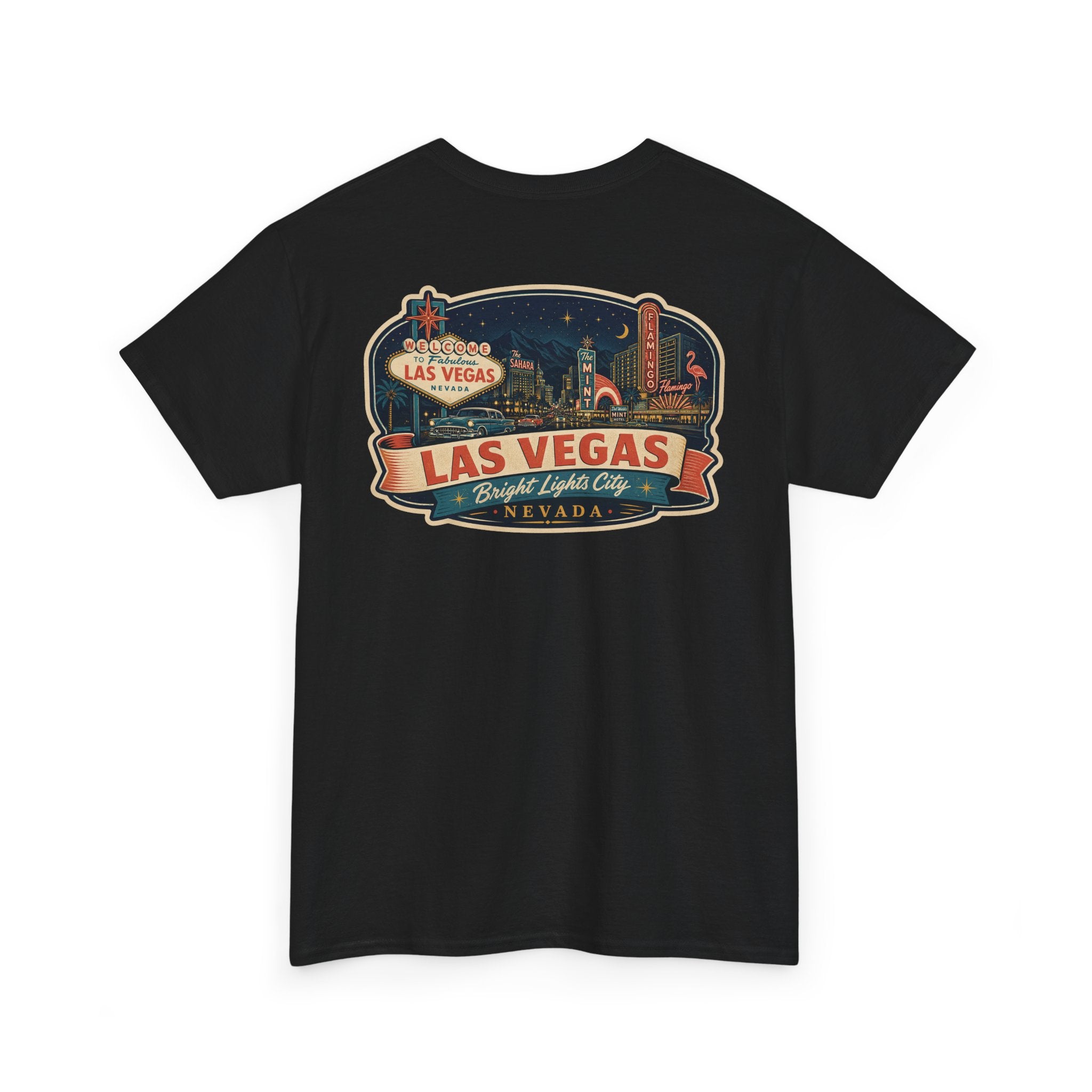 Black T-shirt with Las Vegas luggage tag skyline badge graphic on the chest