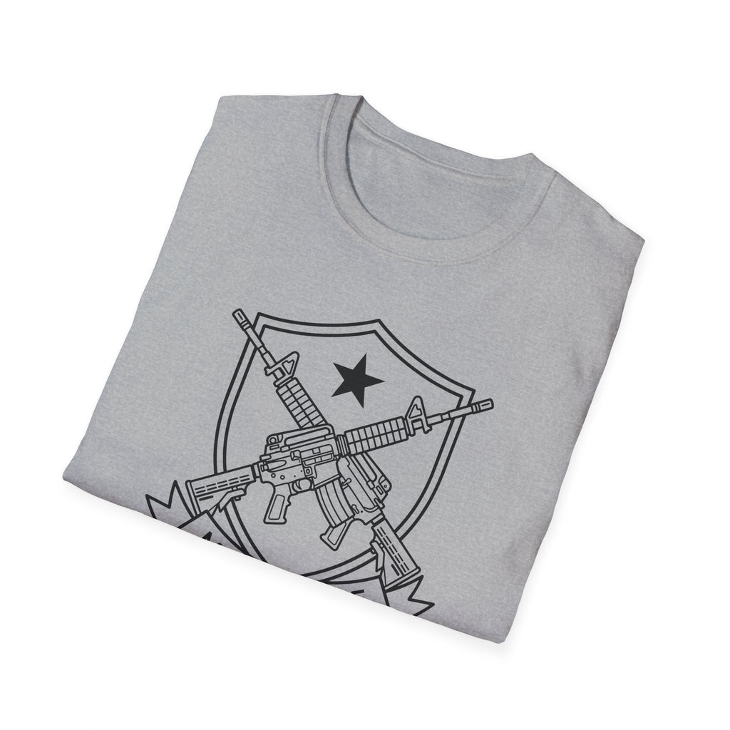 Graphic T-shirt in light heather gray with crossed-rifles shield chest print.
