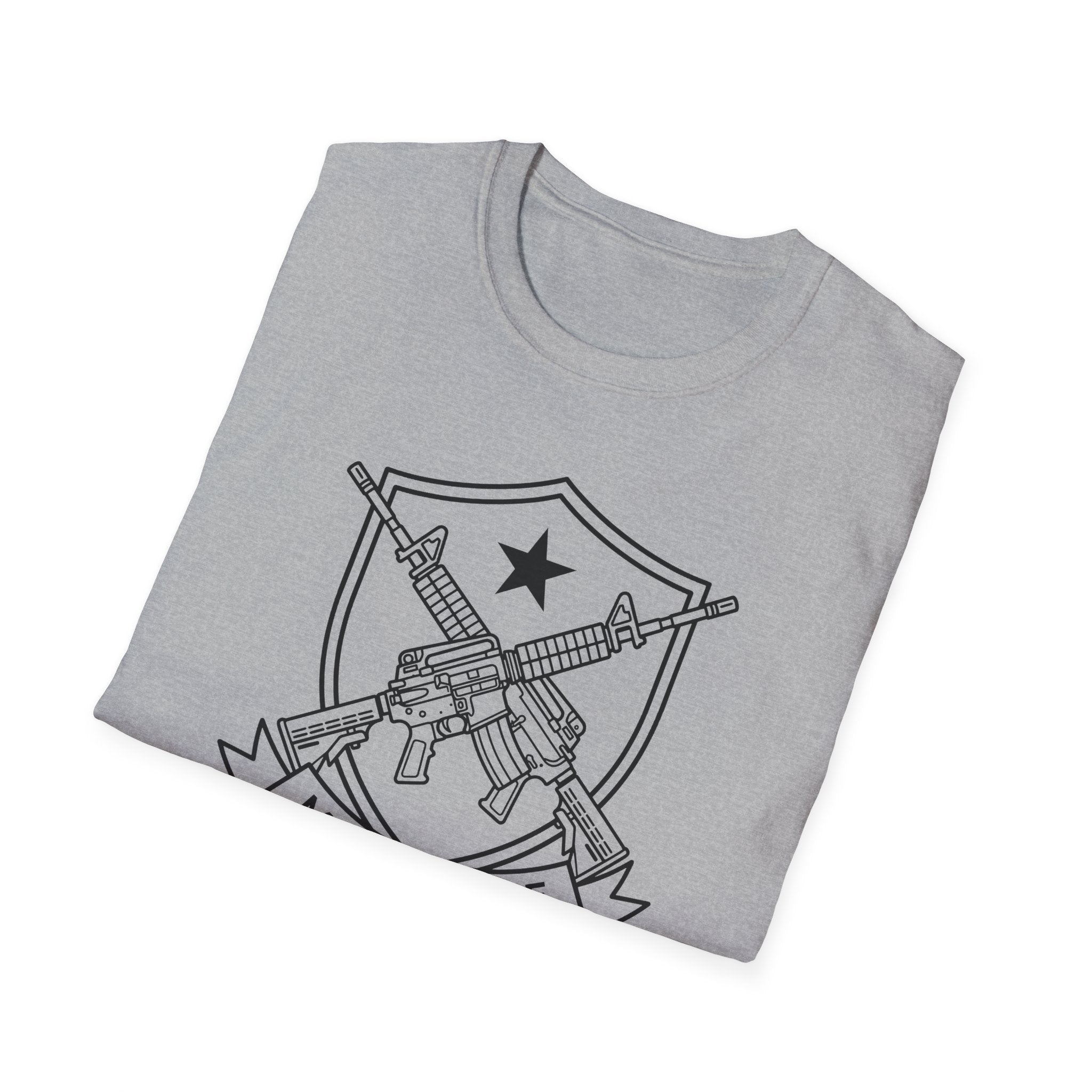 Graphic T-shirt in light heather gray with crossed-rifles shield chest print.