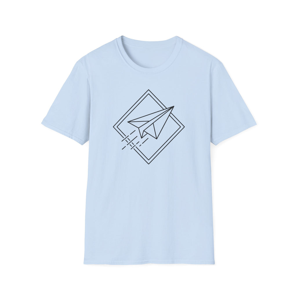 Light blue T-shirt with black paper airplane line art in diamond outline