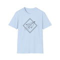 Light blue T-shirt with black paper airplane line art in diamond outline
