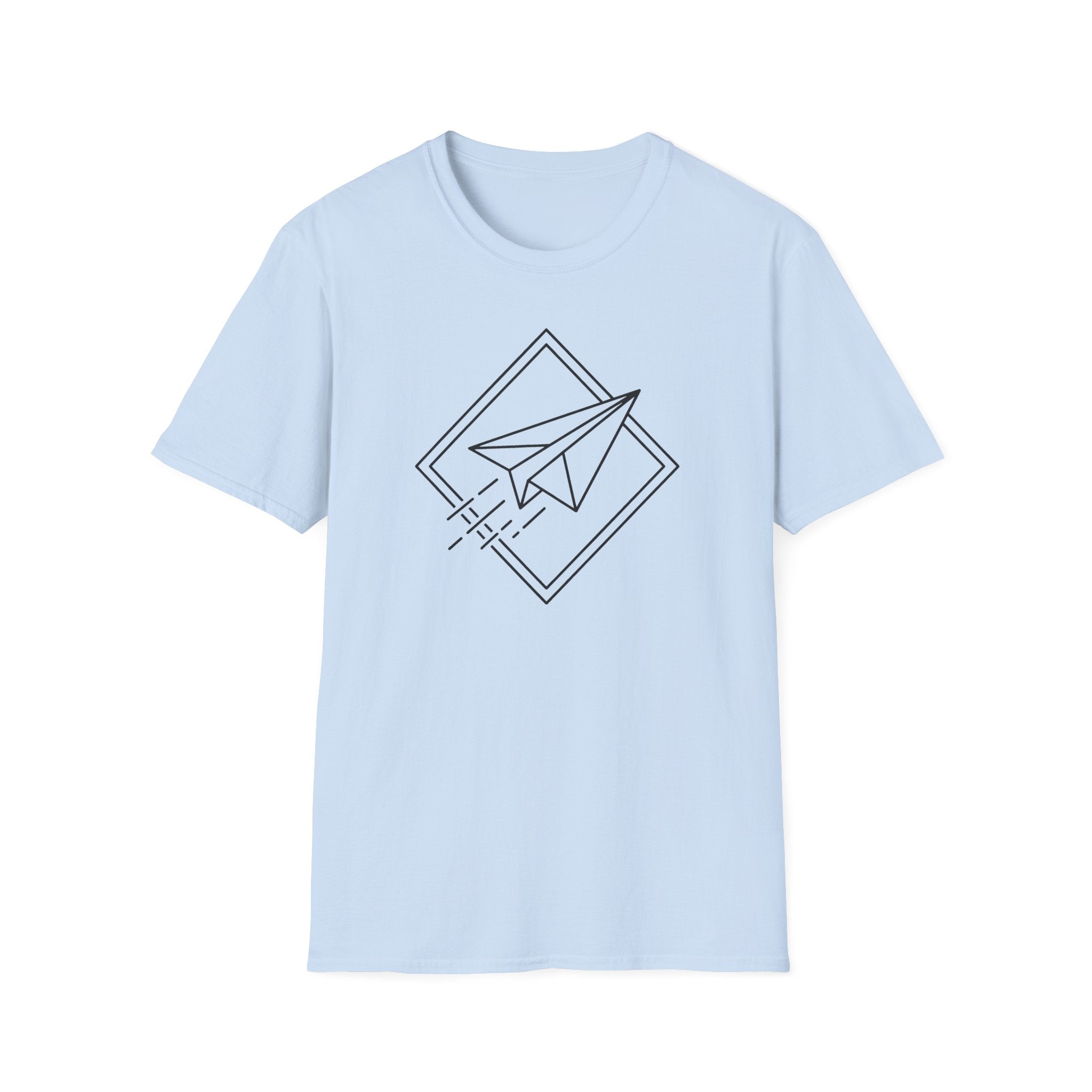Light blue T-shirt with black paper airplane line art in diamond outline
