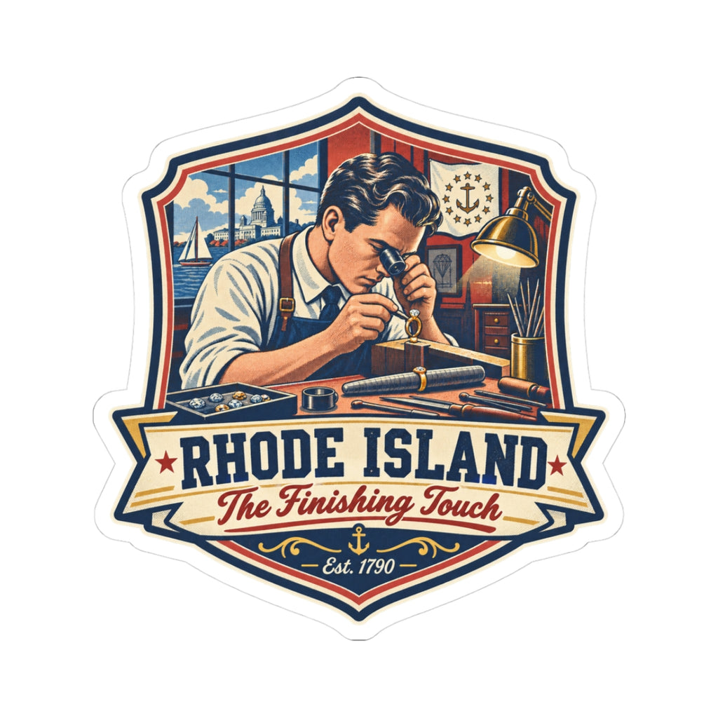 Rhode Island kiss-cut sticker with decorative badge showing a sailor and “The Finishing Touch”
