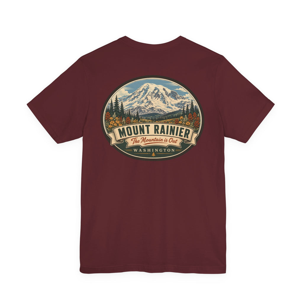 Burgundy crewneck T-shirt with large centered circular mountain National Park graphic