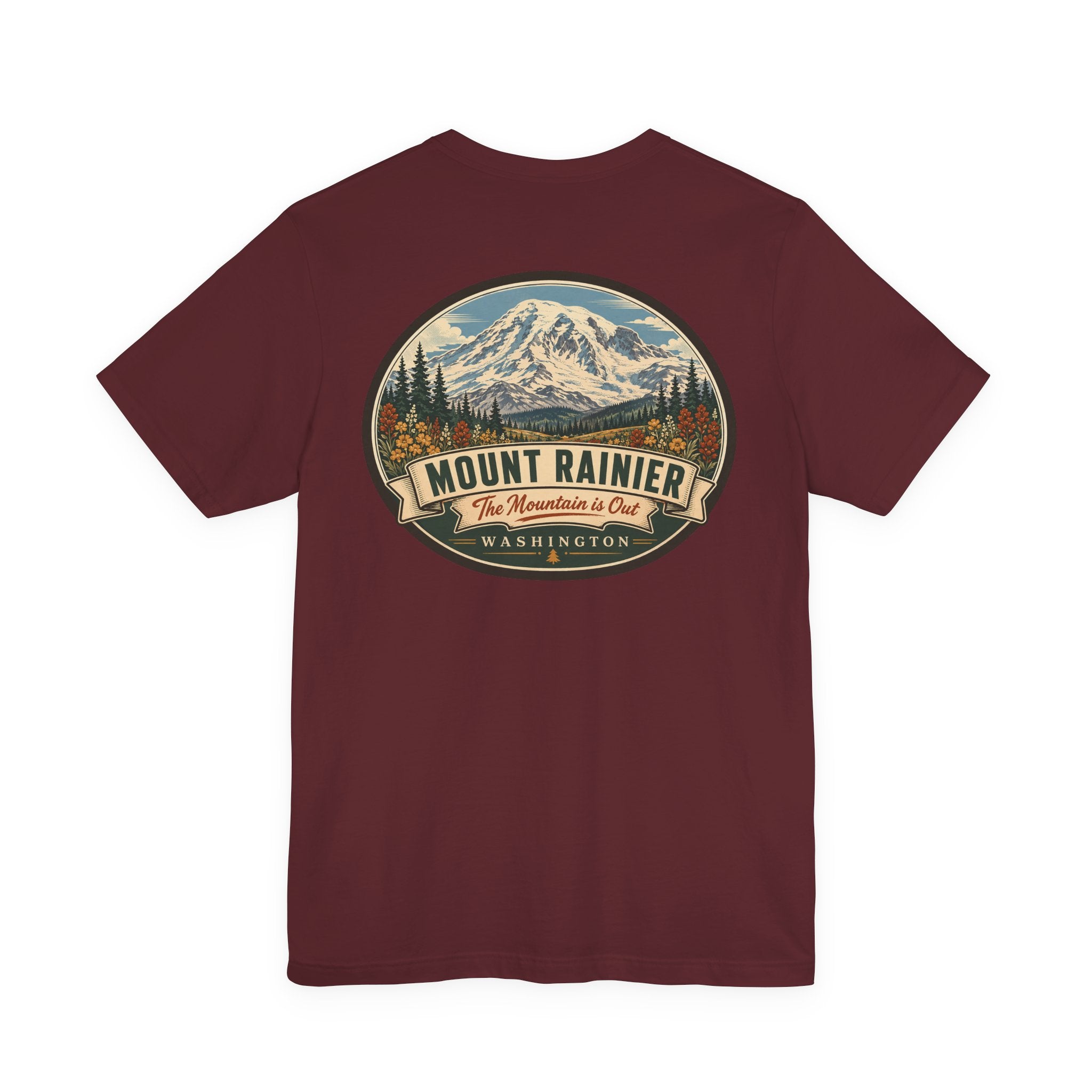 Burgundy crewneck T-shirt with large centered circular mountain National Park graphic