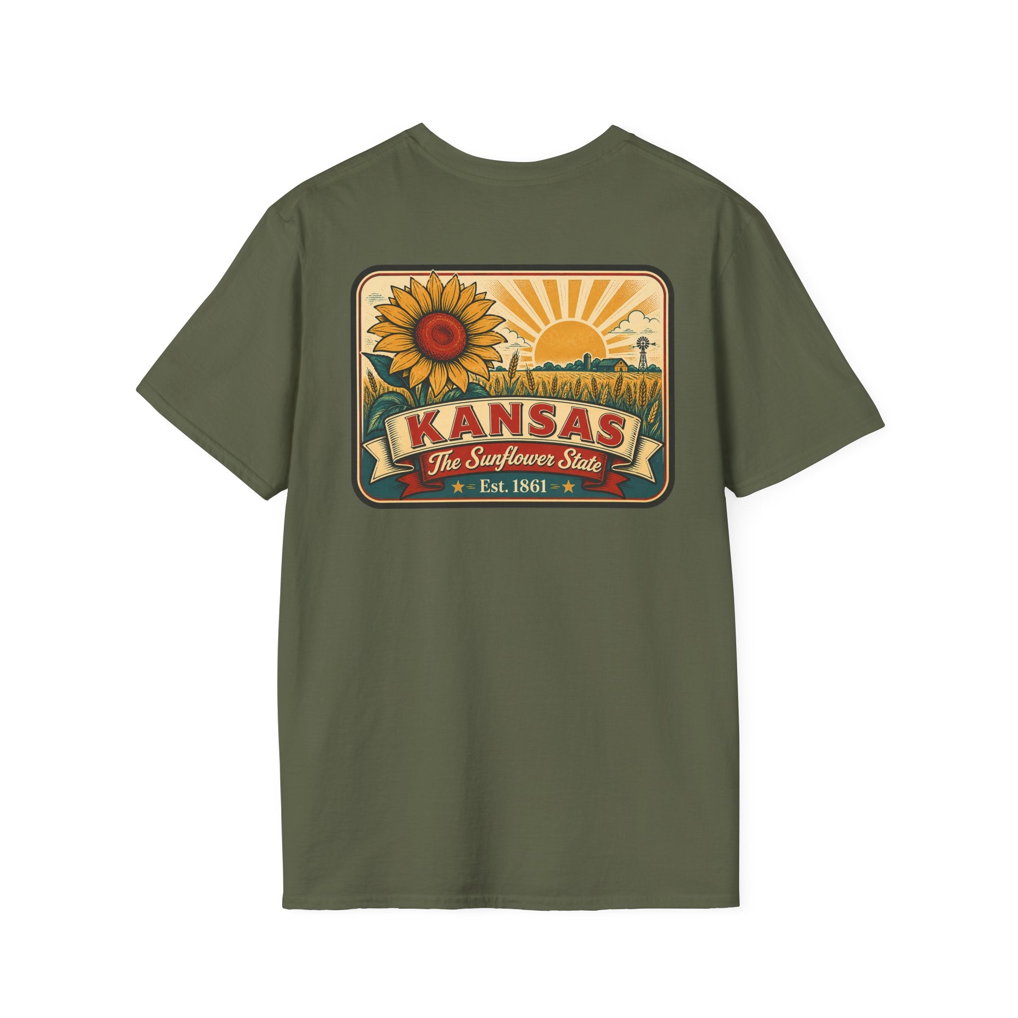 Kansas sunflower badge graphic T-shirt, military green, crew neck short sleeves