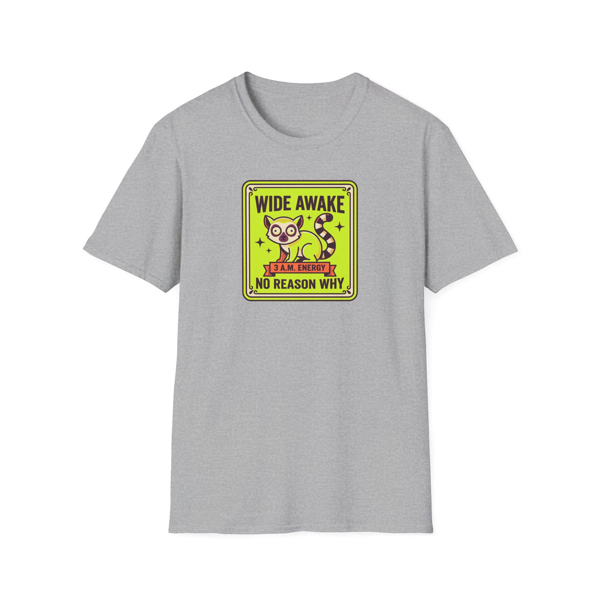 Cat graphic T-shirt with yellow-framed slogan print, light gray