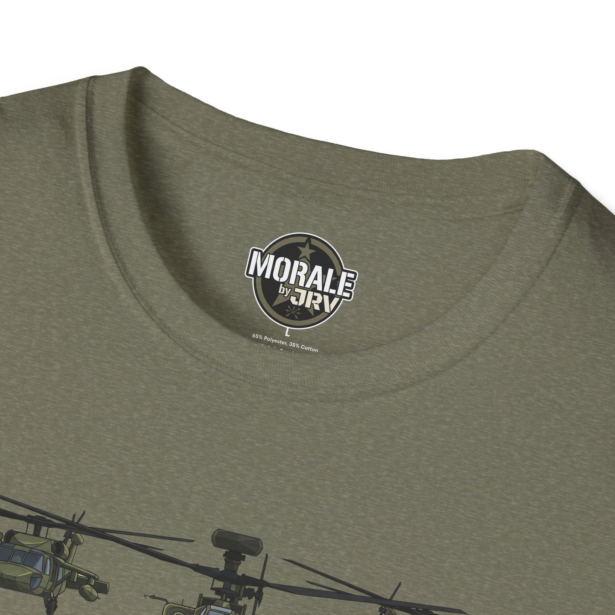 Olive green T-shirt neckline label with partial helicopter graphic at bottom