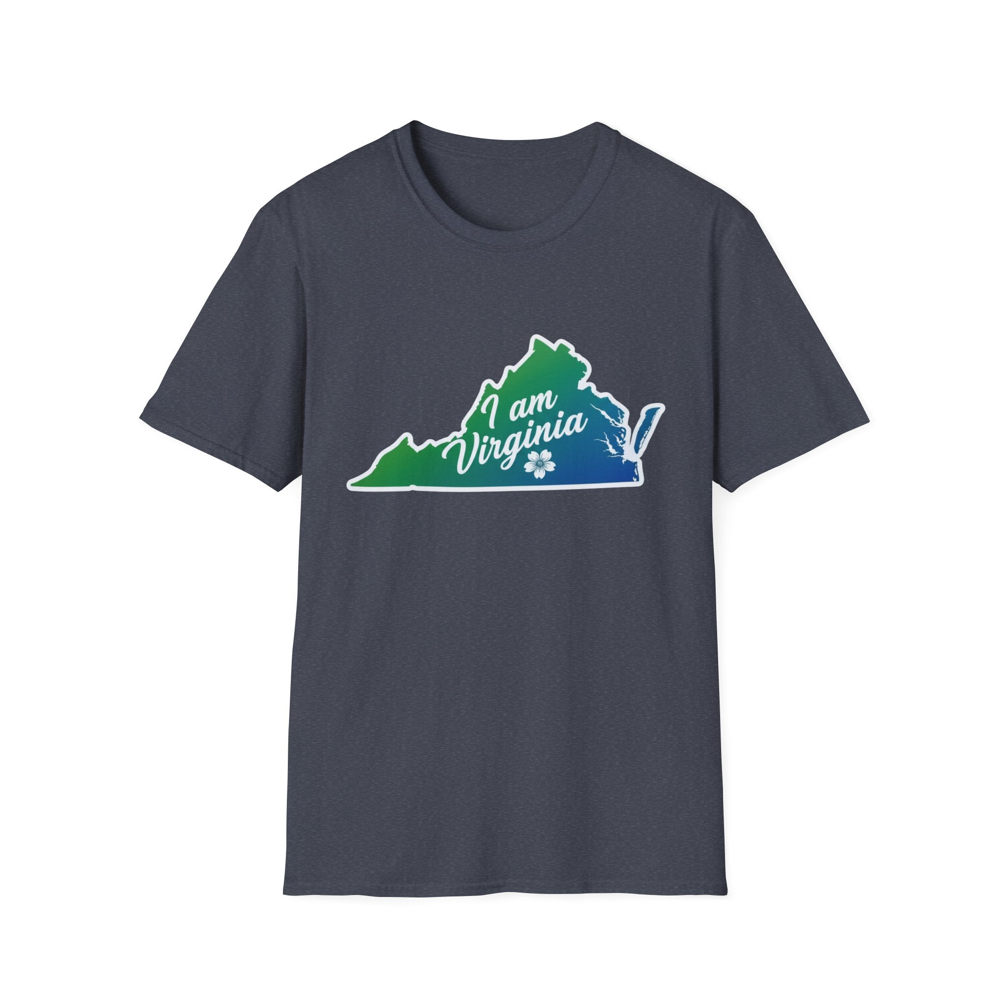 I Am Virginia T-Shirt: heather indigo tee with colorful Virginia state outline graphic