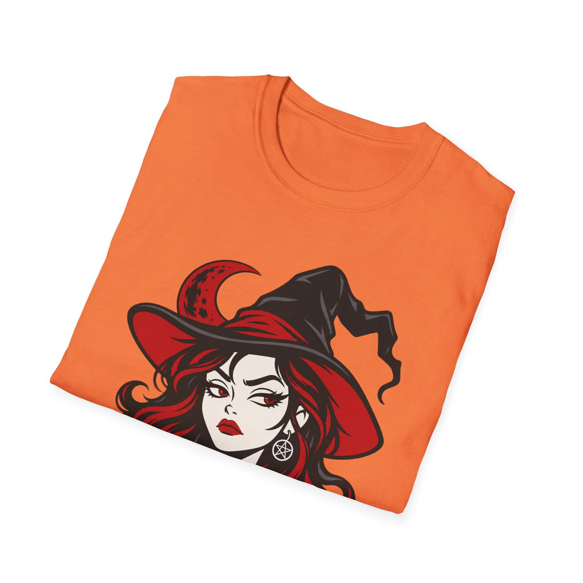 Orange Halloween witch face graphic T-shirt with black and red hat details