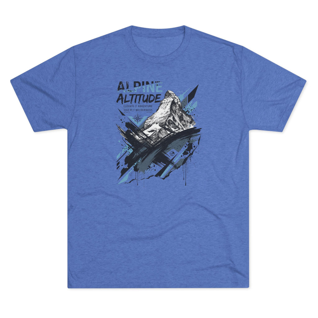 Royal blue T-shirt with mountain peak graphic and blue accent paint splashes