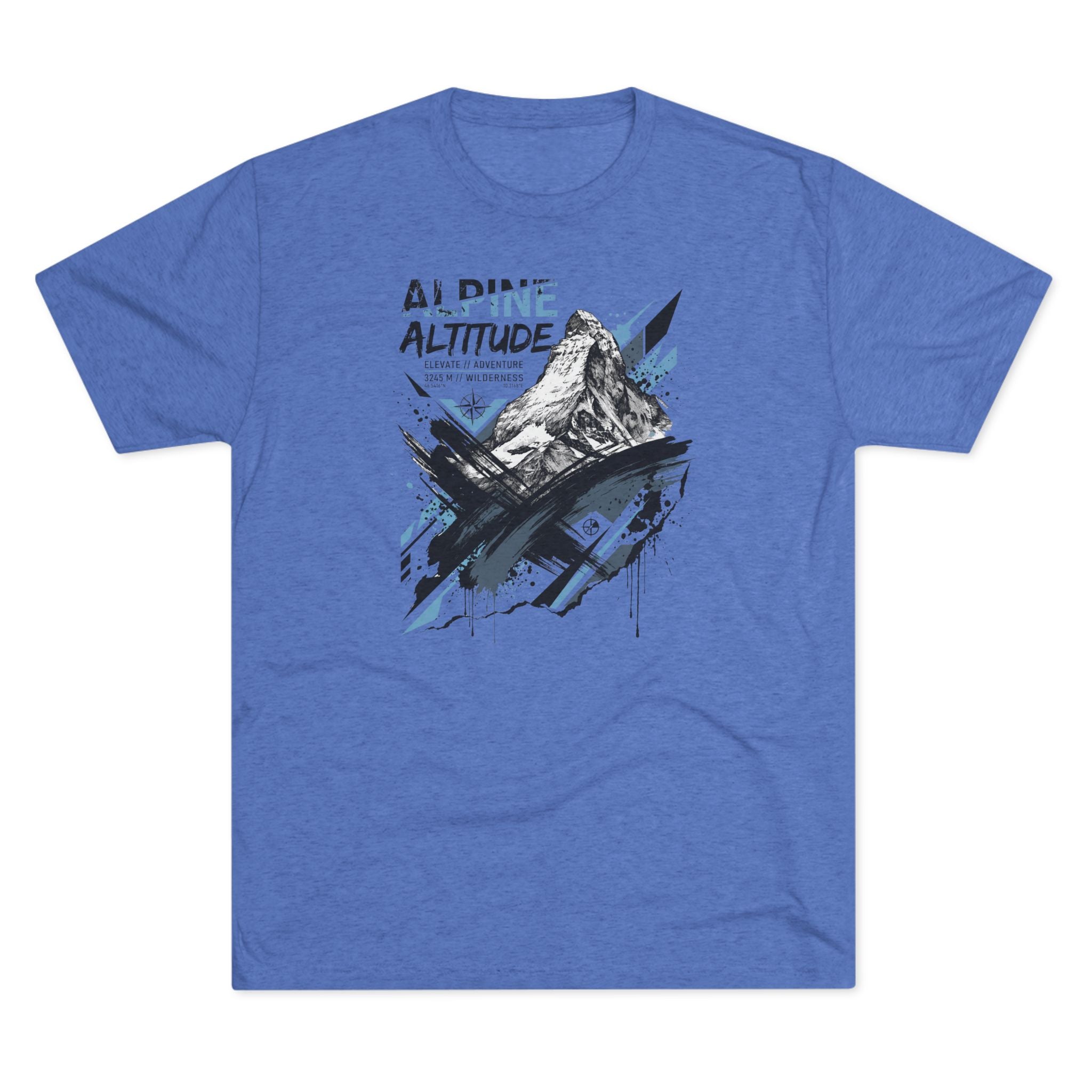 Royal blue T-shirt with mountain peak graphic and blue accent paint splashes