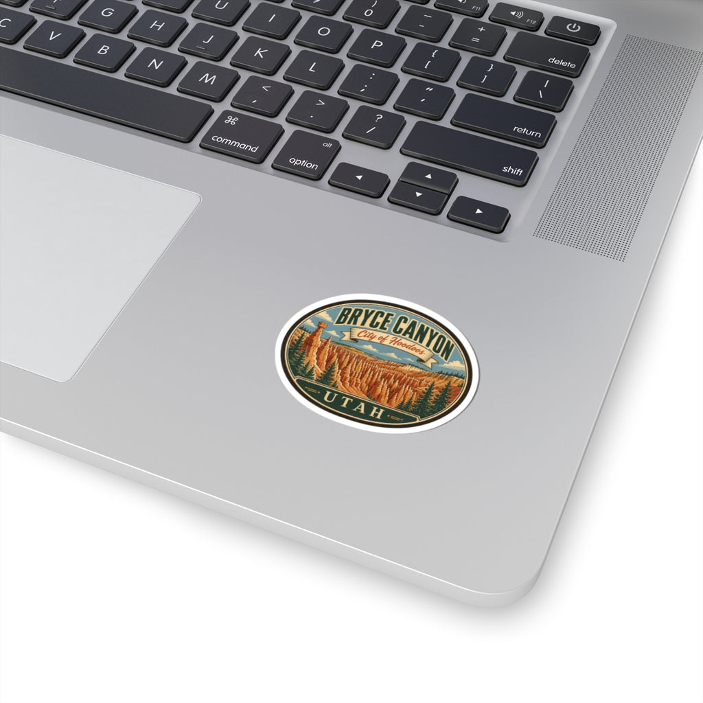 Round Bryce Canyon Utah travel sticker with canyon landscape illustration