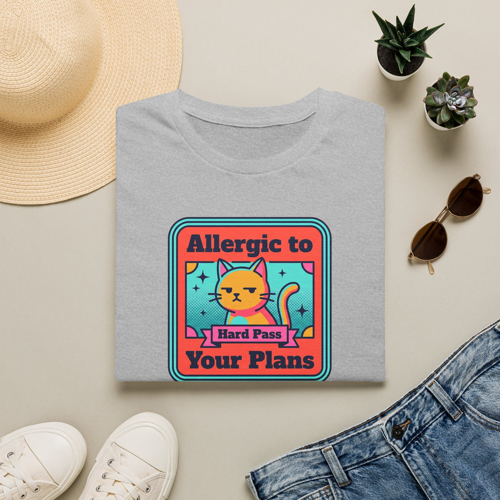 Gray cat graphic T-shirt with 'Allergic to Your Plans' text