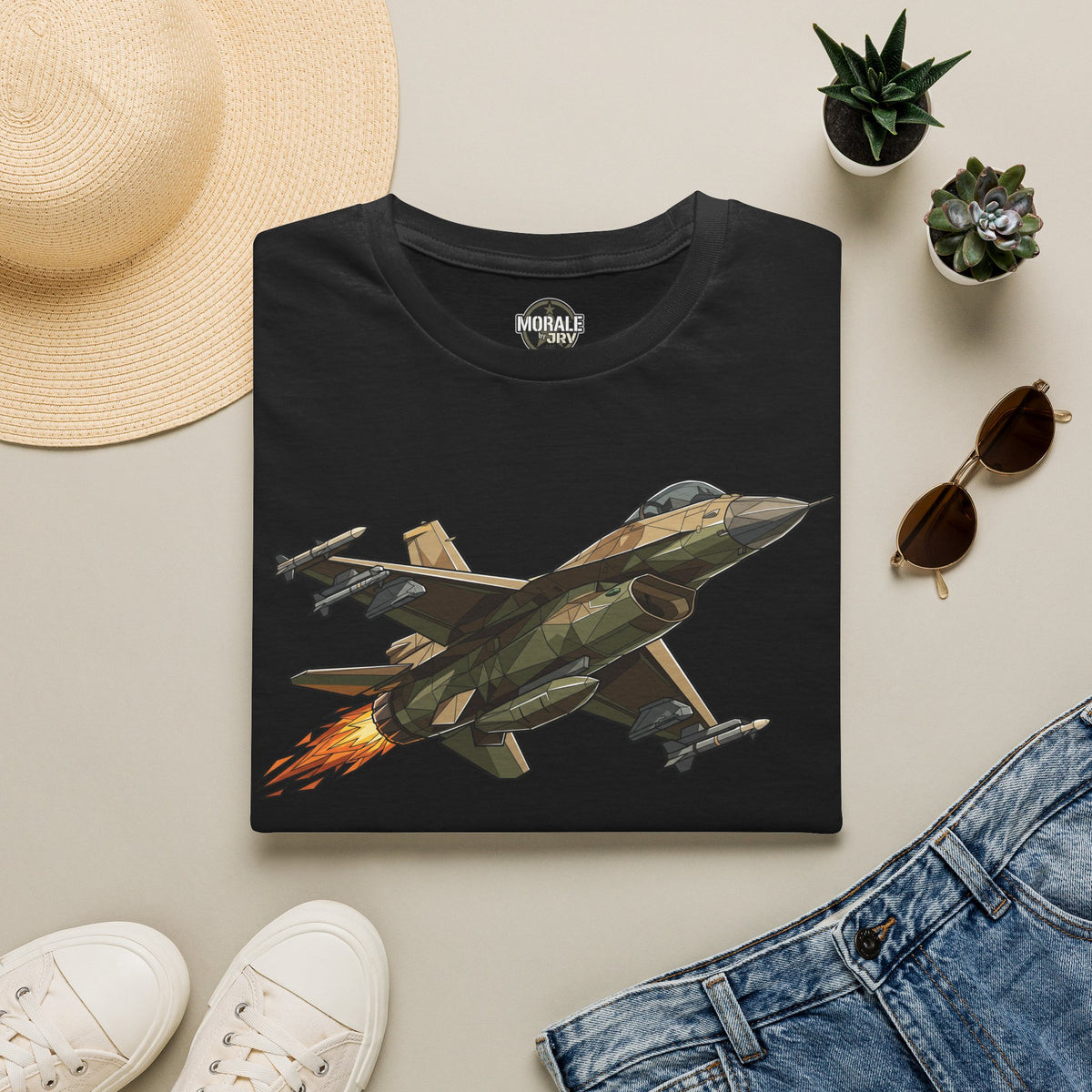 Black fighter jet graphic T-shirt with camo aircraft and orange flame trail