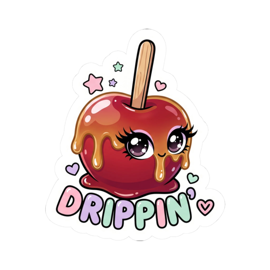 Kiss-cut sticker showing a cute red dripping candy apple face with lollipop stick