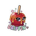 Kiss-cut sticker showing a cute red dripping candy apple face with lollipop stick