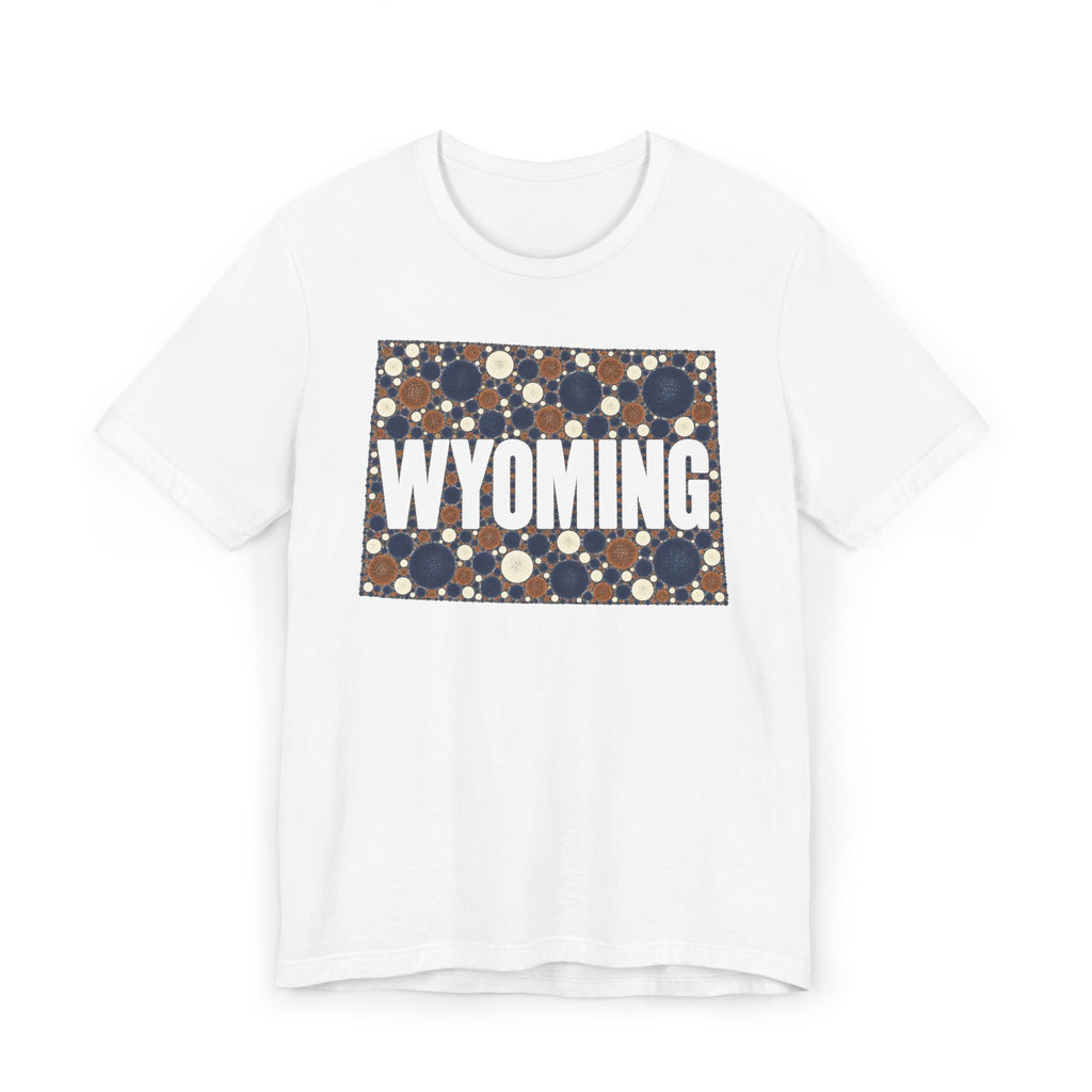 White crew-neck T-shirt with Wyoming polka-dot map graphic and WYOMING text