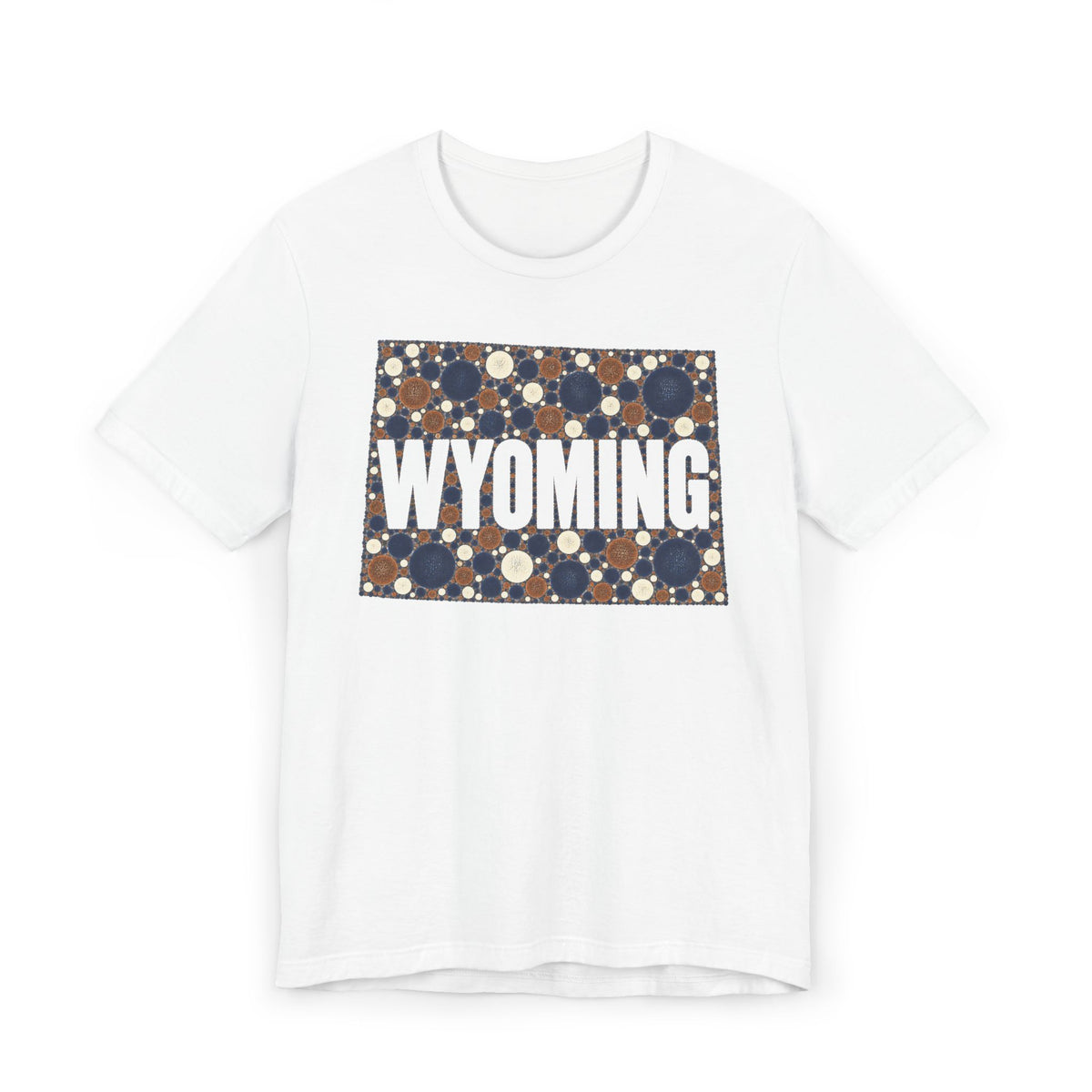 White crew-neck T-shirt with Wyoming polka-dot map graphic and WYOMING text