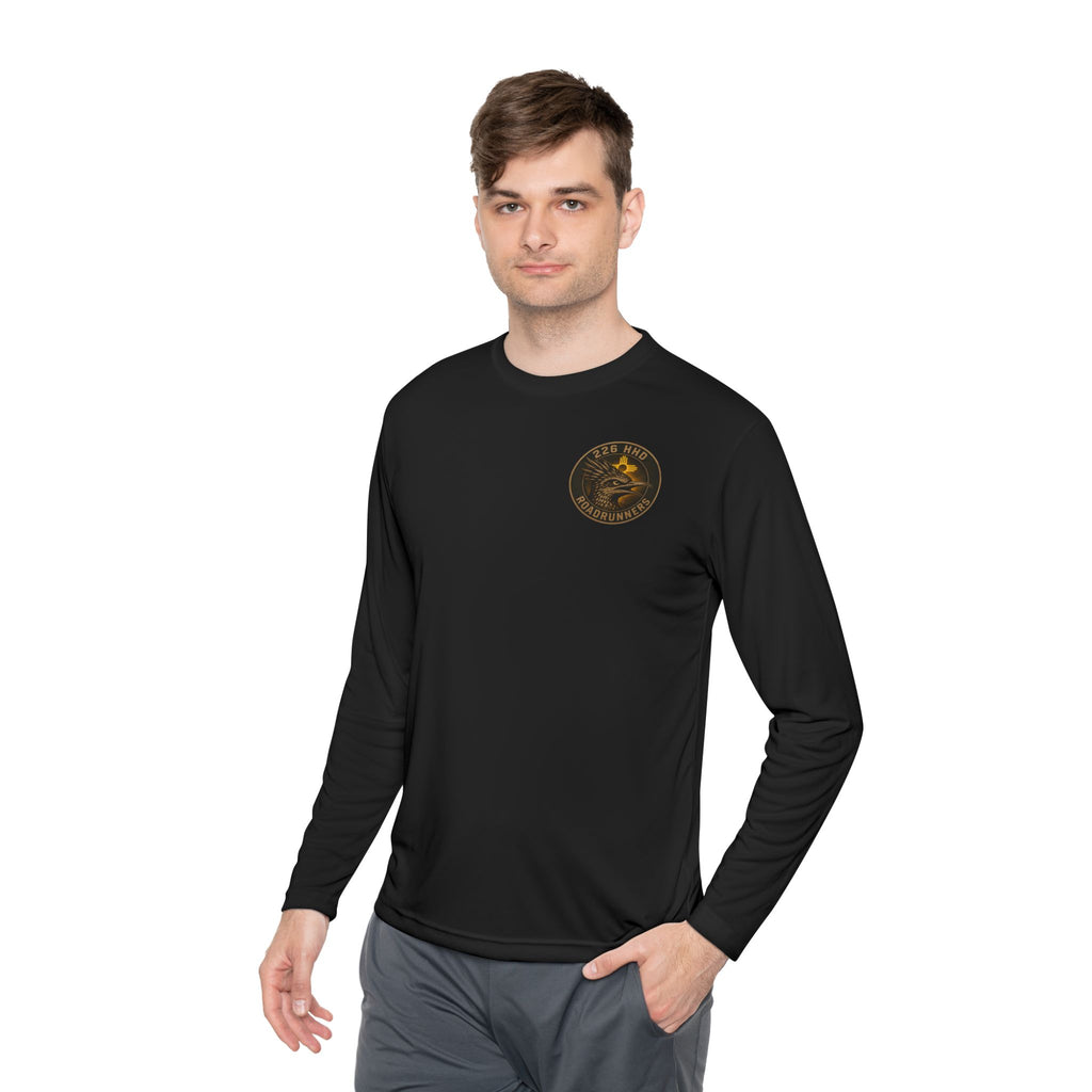 Black long-sleeve polyester tee with small chest emblem, worn