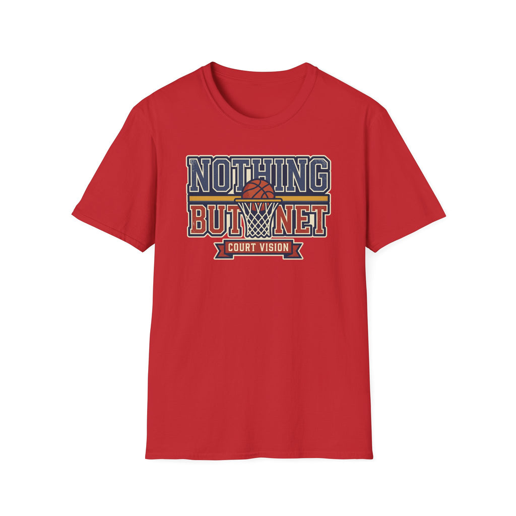 Red crew-neck T-shirt with 'Nothing But Net' court vision graphic