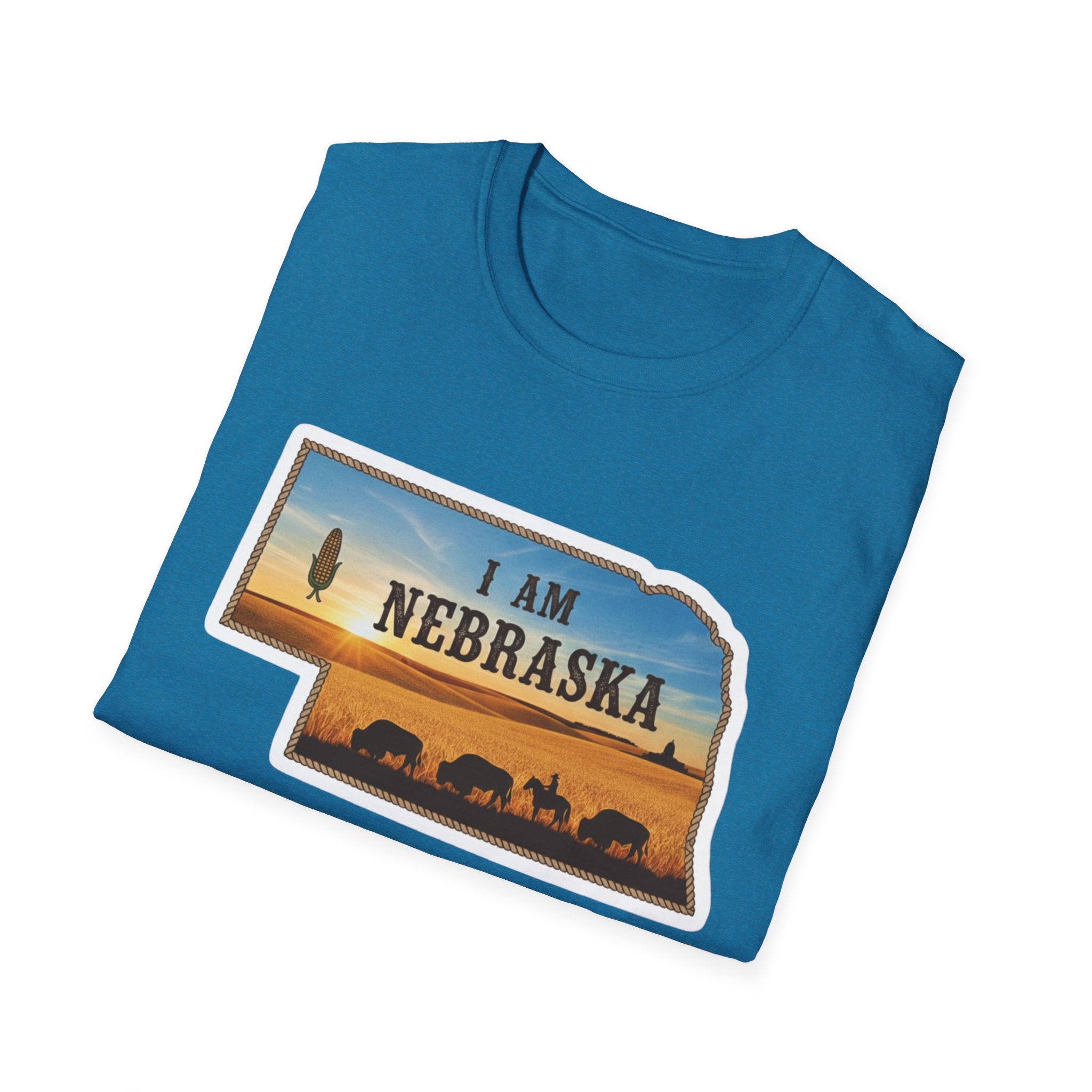 Teal T-shirt with Nebraska sunset “I Am Nebraska” front print