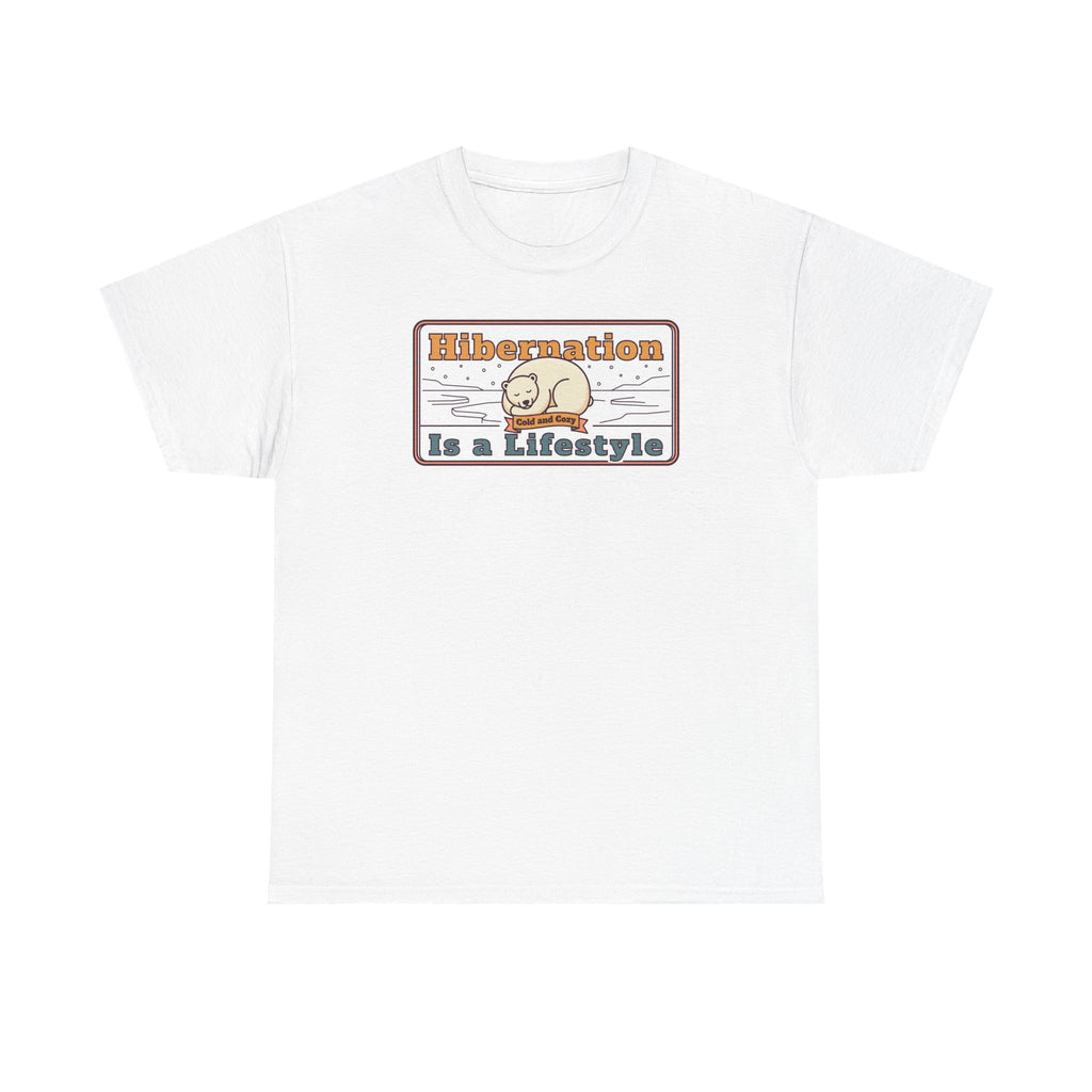 White crew-neck T-shirt with “Hibernation Is a Lifestyle” sloth graphic on chest