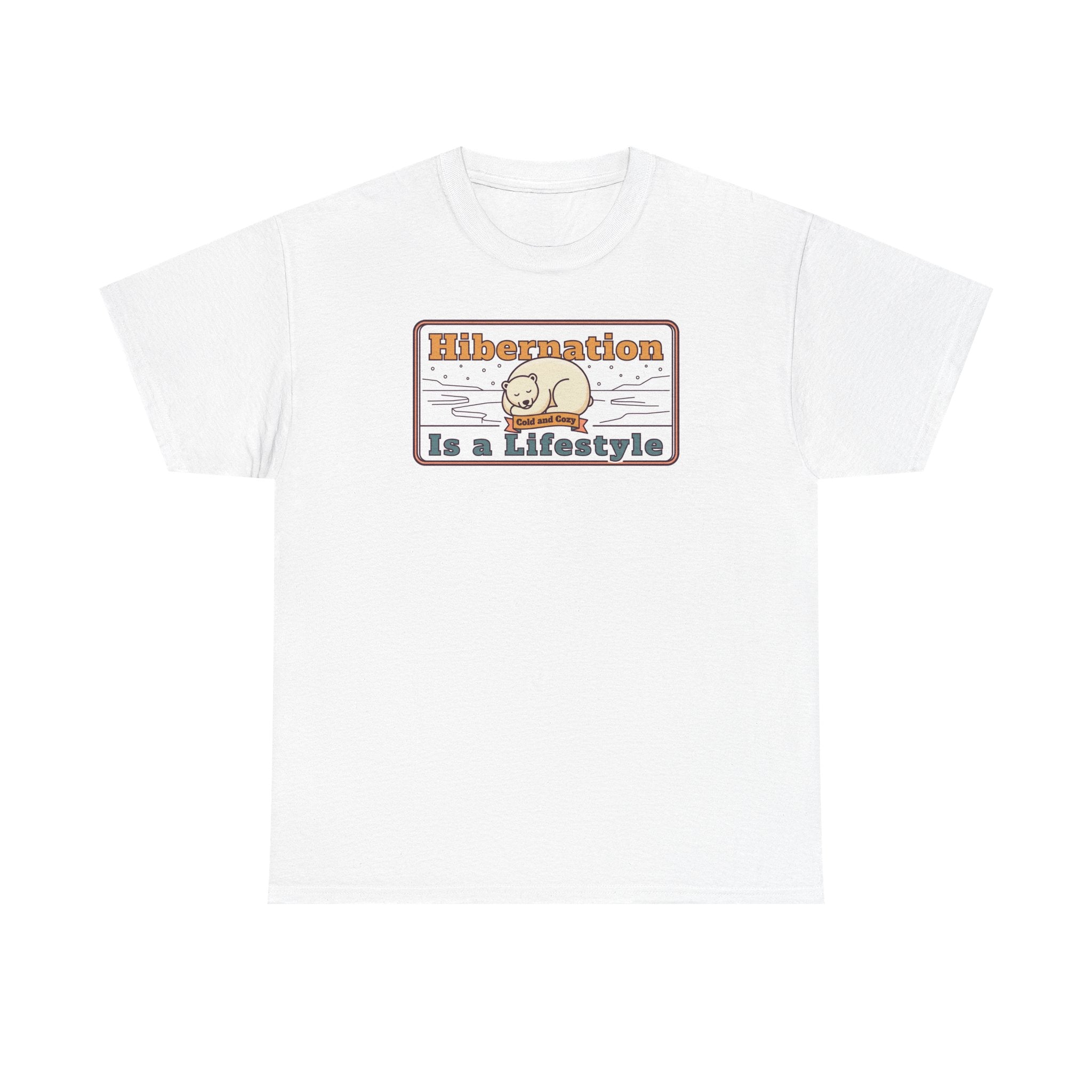 White crew-neck T-shirt with “Hibernation Is a Lifestyle” sloth graphic on chest