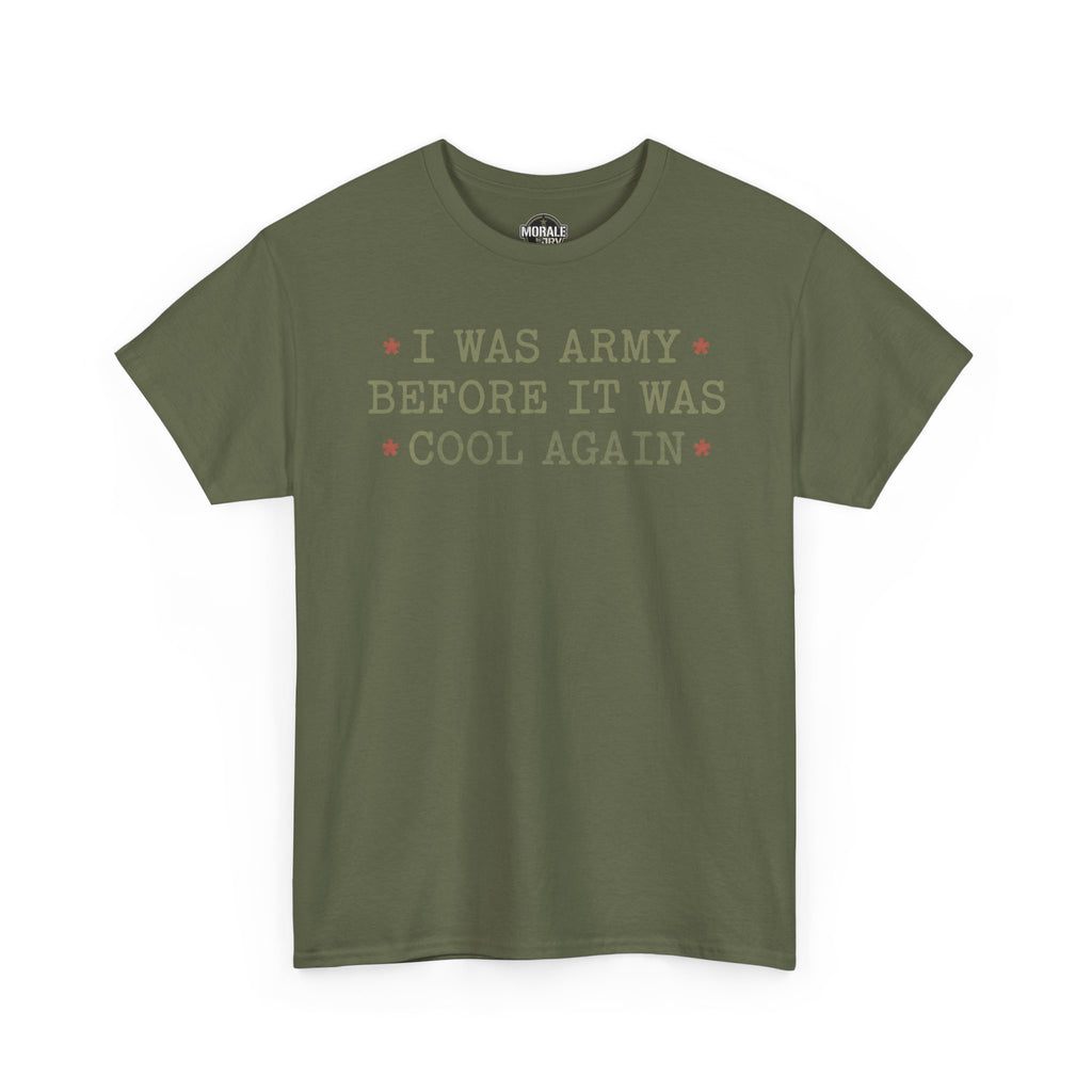 Military green crewneck T-shirt with short sleeves and front text graphic