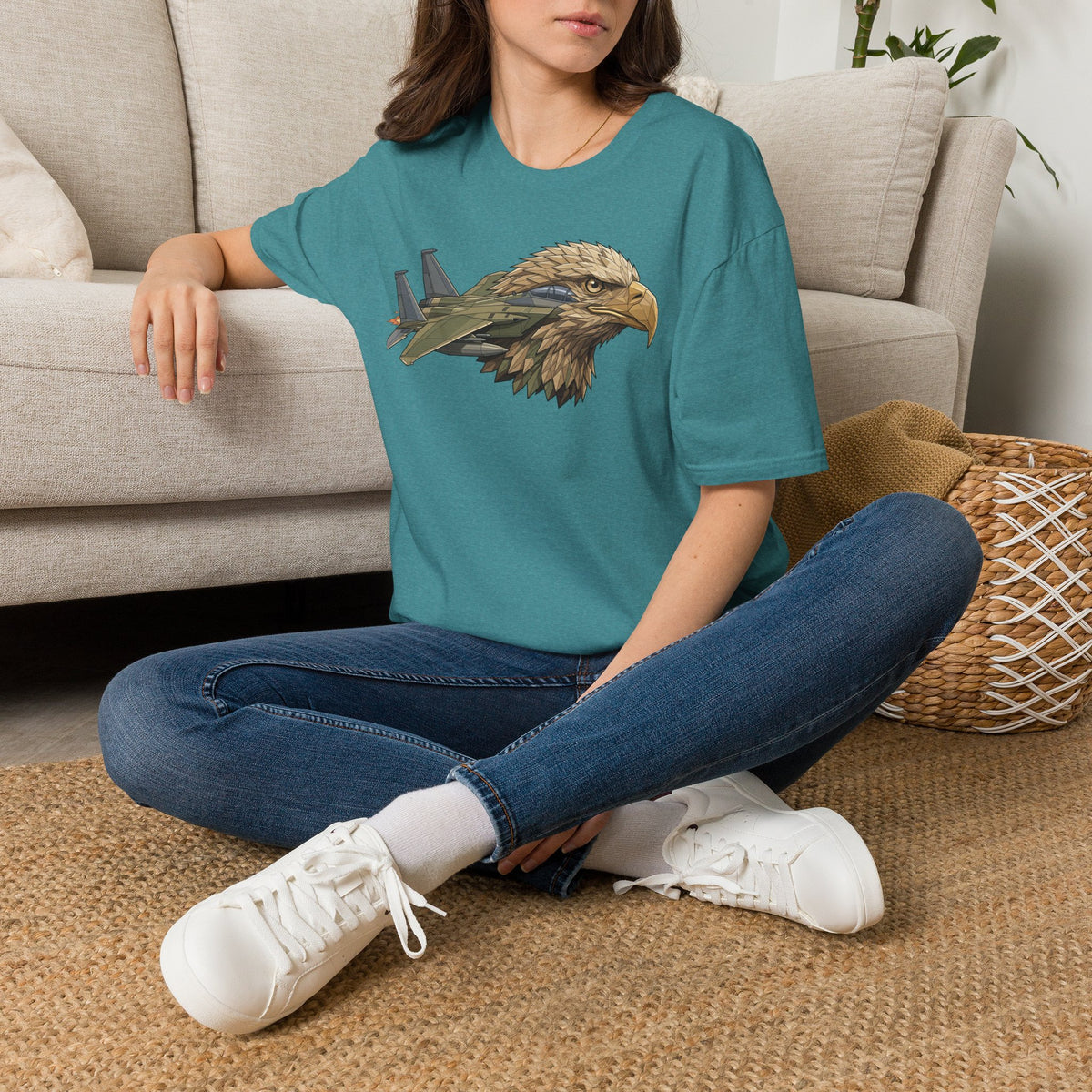 Teal eagle and jet plane graphic t-shirt, short sleeves, crew neck
