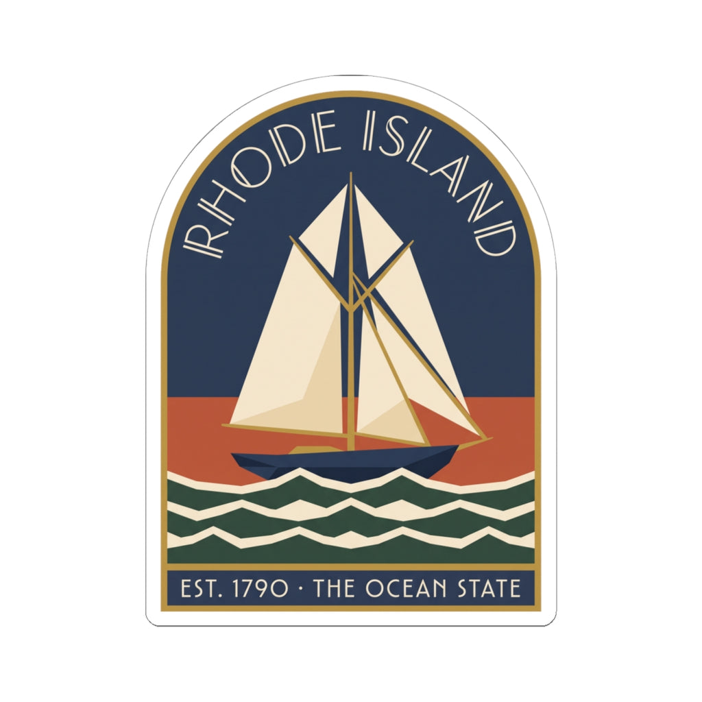 Arch Rhode Island sailboat sticker with cream sails, navy field, green waves, Est. 1790