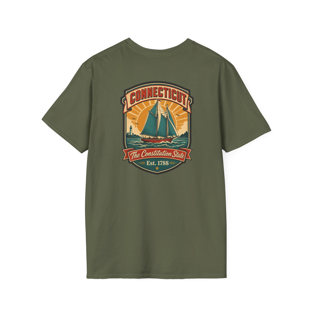 Military green T-shirt with Connecticut badge sailboat graphic on the chest